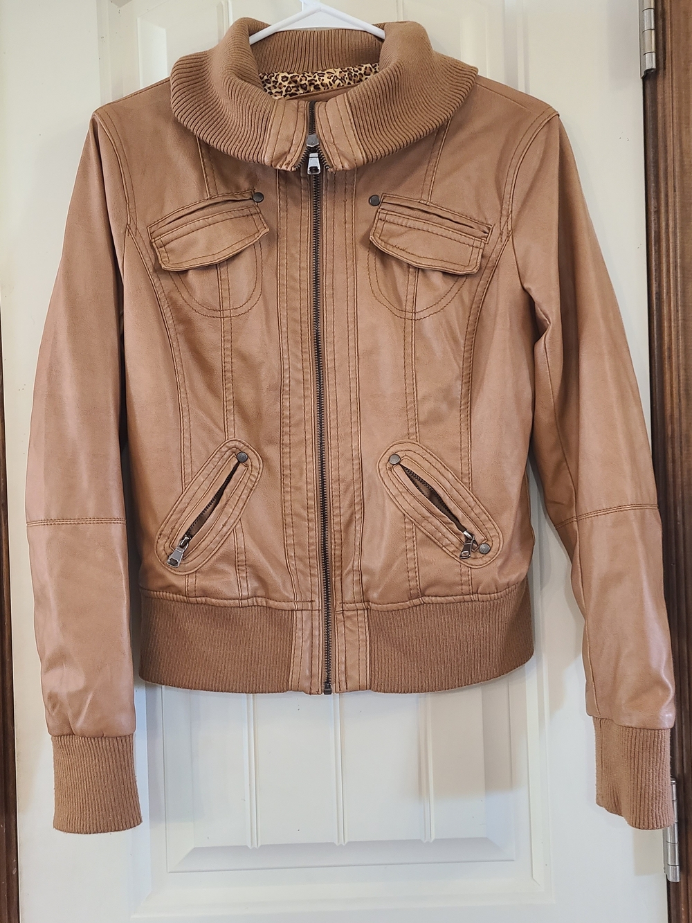 Women's Tan Faux Leather Bomber Jacket with Ribbed Collar Size M